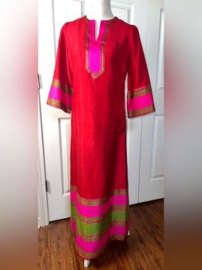 Star of Siam Thai Silk Caftan Palm Royale Maxi Dress Hostess Gown VTG 1960s